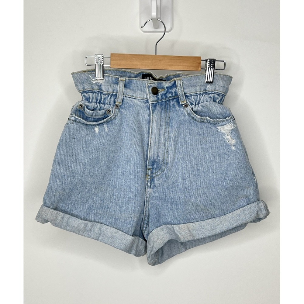 Retrofete Haisley Acid Washed Paper Bag Shorts Womens 26 Blue Denim High Rise